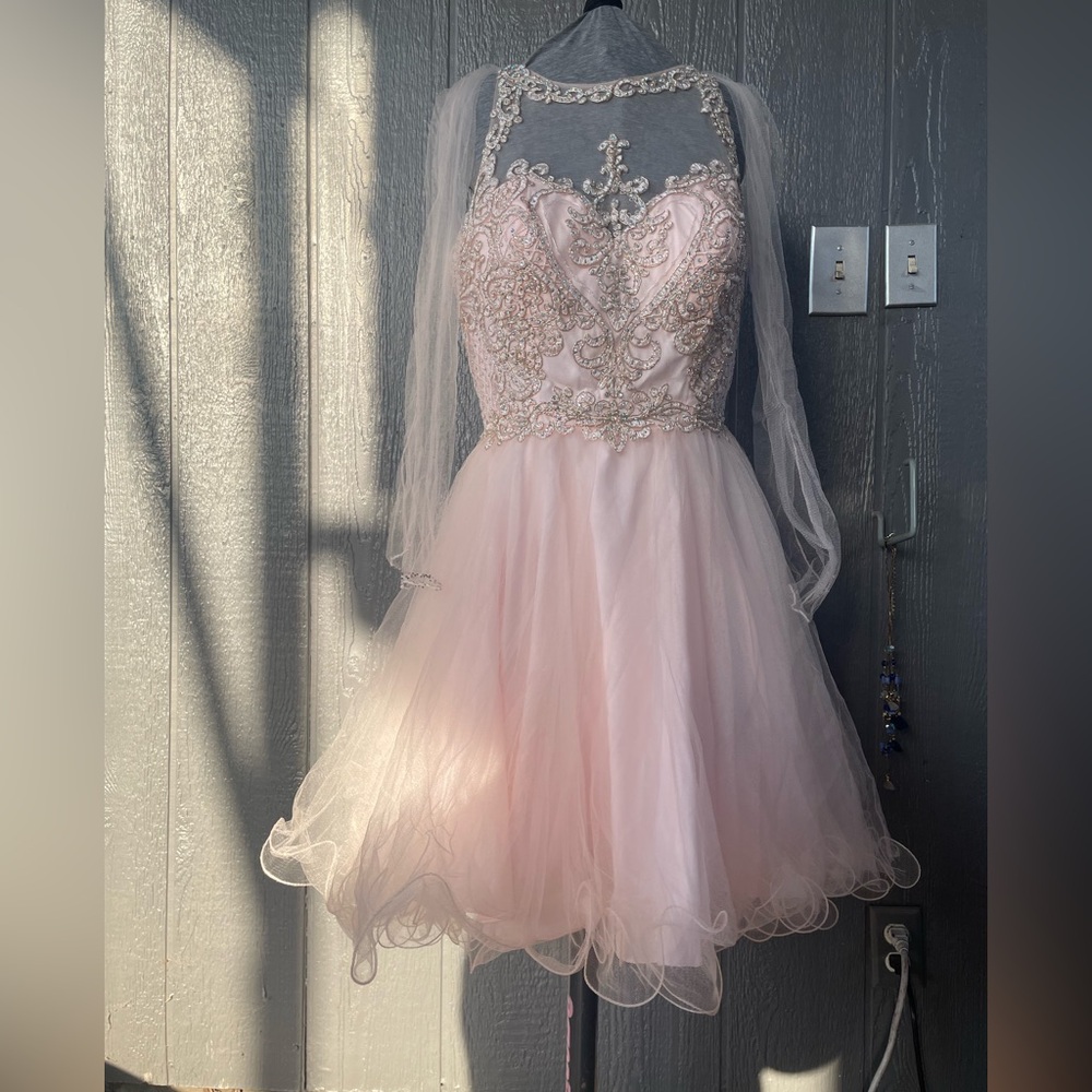 May queen peach Pink and Gold Embellished Tulle Dress